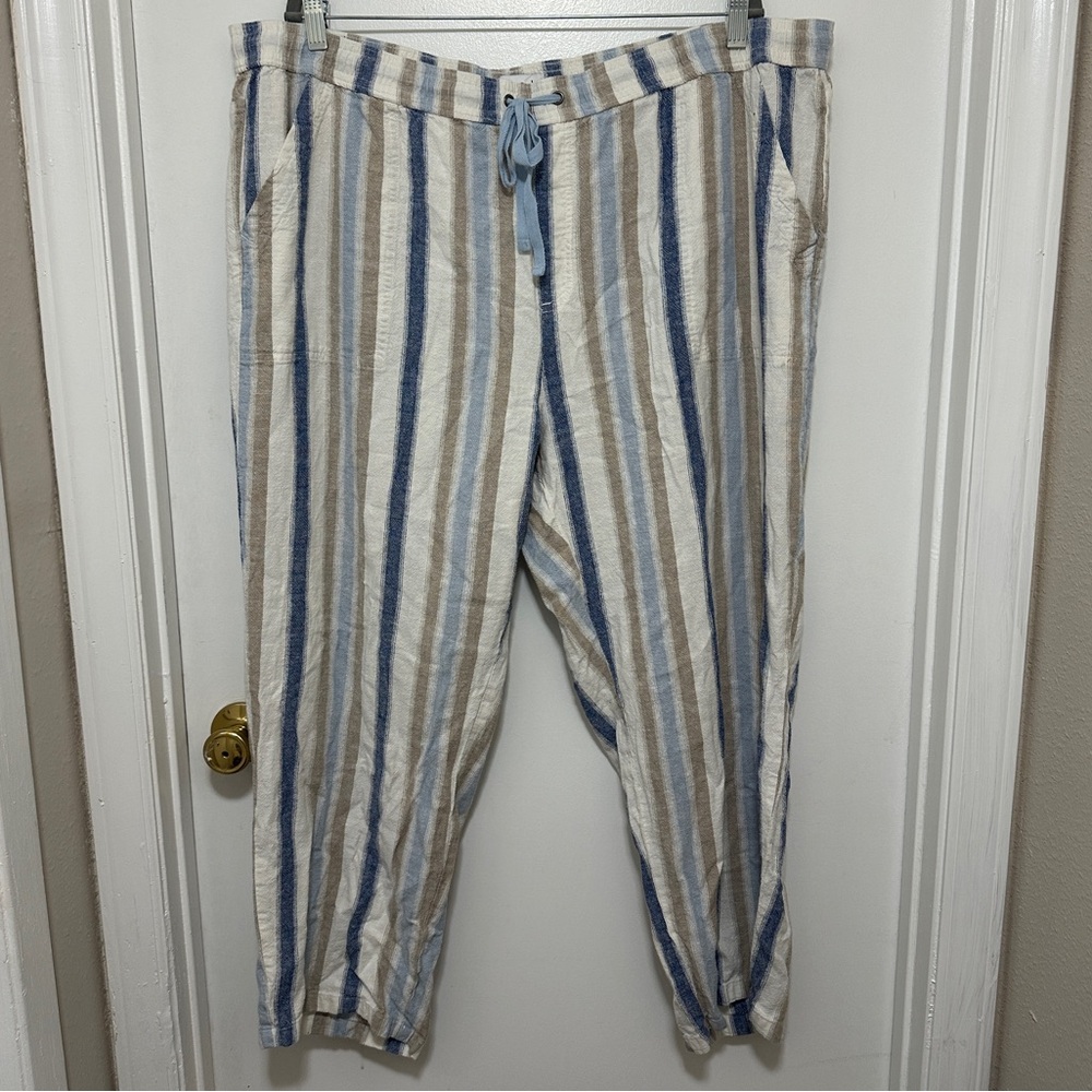 Linen Pants Striped Women’s Plus Size Blue Tie String with Pockets Size 2X